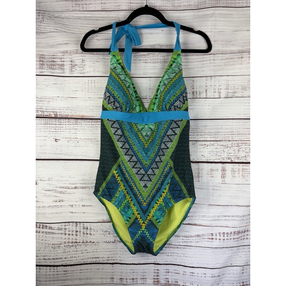 Prana Swimsuit Womens Large Blue Green Aztec Tribal Lahari One Piece Halter